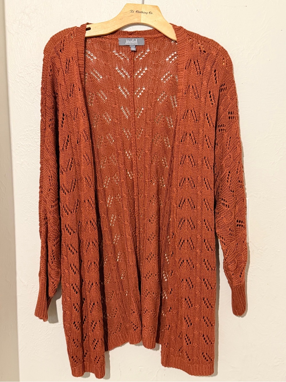 Marled Open-Front Burnt Orange Pointelle Knit Cardigan